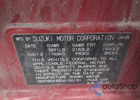 2013 Suzuki Sx4 Premium z USA, uszkodzony, nr VIN JS2YB5A30D6100191